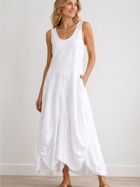 Hard Tail Forever White 100% Linen Handkerchief Hem Dress L Made USA